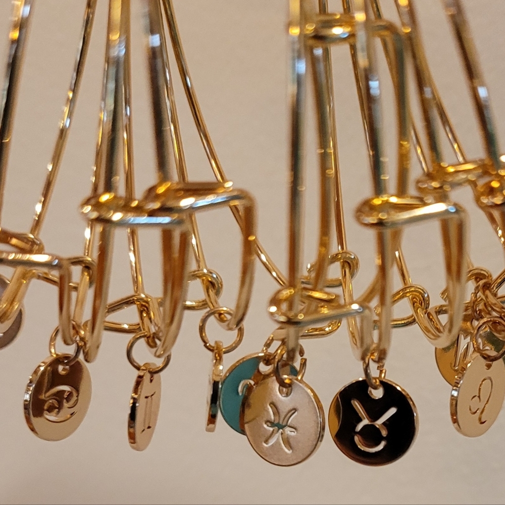 Gold tone adjustable bangle bracelet with horoscope charm